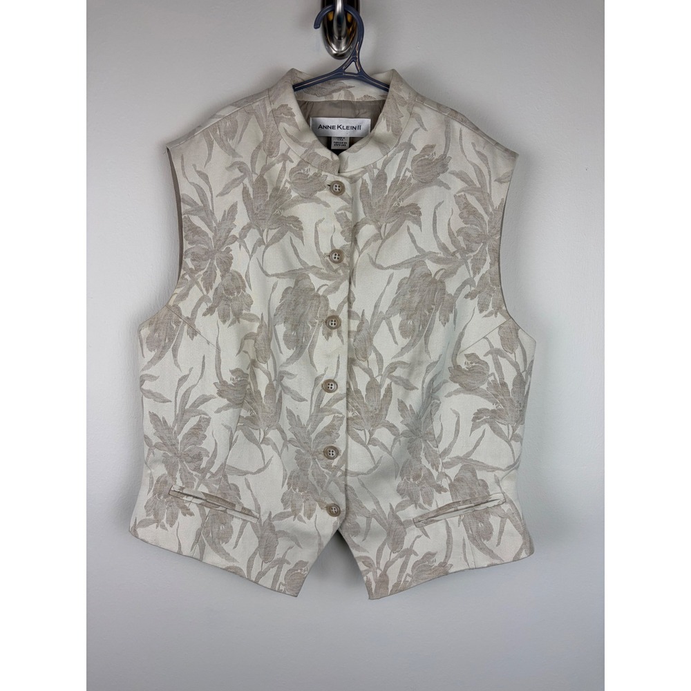 Anne Klein II Vest 12 Beige Floral Jacquard Vintage 90s Linen Blend Union Made